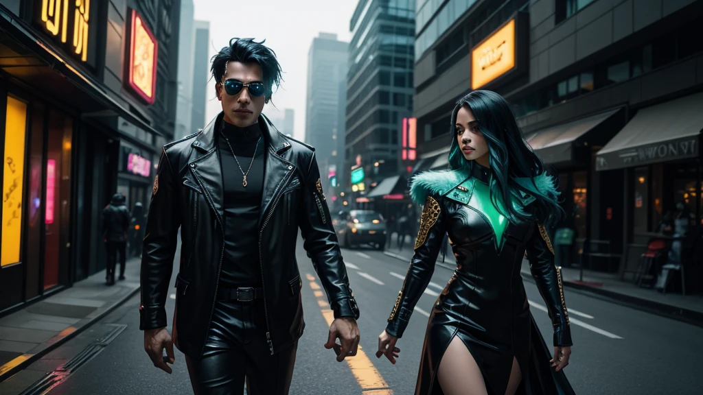 cyberpunk masquerade couple walking down a gold brick road, cyberpunk emerald city in the distance, high detail, long shot, wide shot, 4K, 3D, REALISTIC, (iridescent glow smoke), UHD, 32K, very bold neon colors, black light, neon light