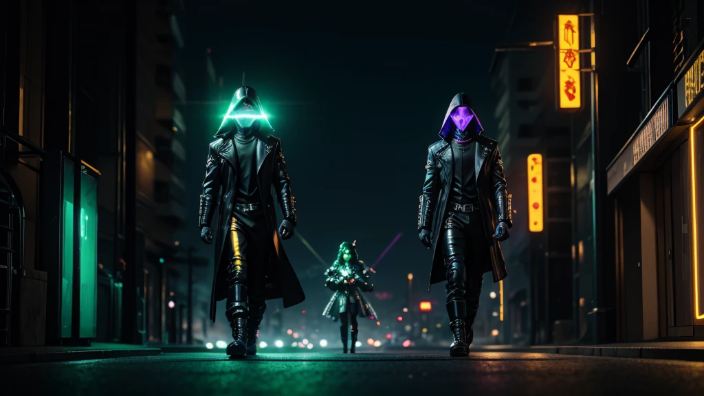 cyberpunk masquerade couple walking down a gold brick road, cyberpunk emerald city in the distance, high detail, long shot, wide shot, 4K, 3D, REALISTIC, (iridescent glow smoke), UHD, 32K, very bold neon colors, black light, neon light