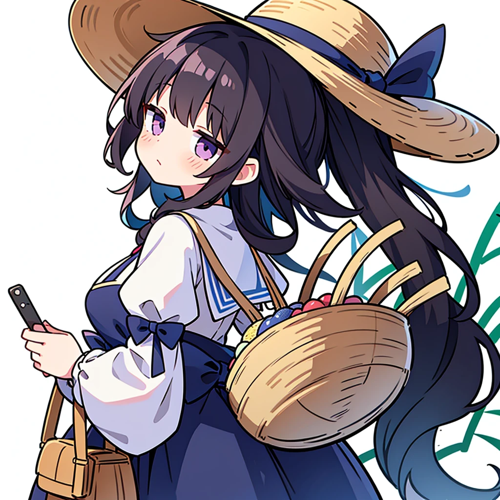 Girl,Upper Body,sideways,Wear a brown straw hat,Black long curly hair,Look back,Wearing white and blue lolita,Carrying a bamboo basket,cute,cute,White background,big purple eyes,Holding red and blue game consoles in both hands
