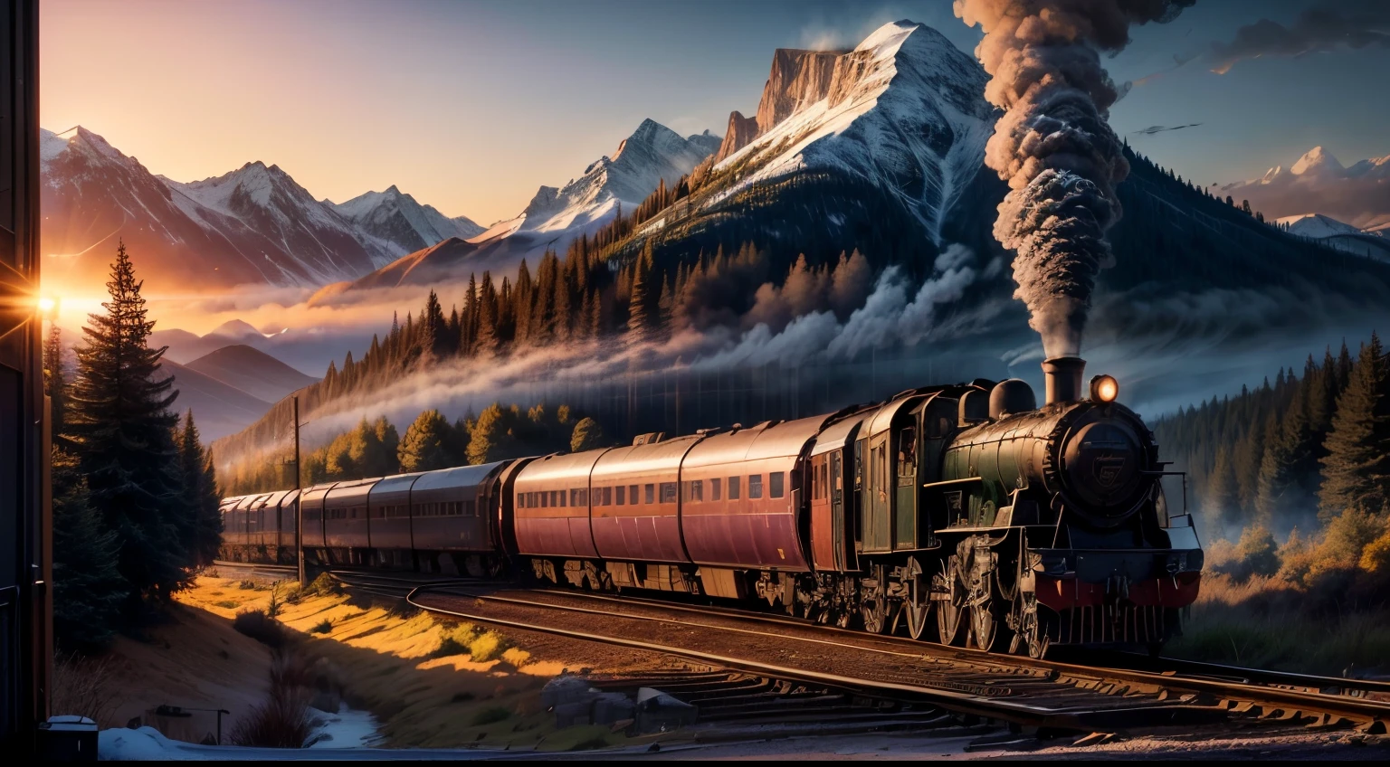 (best quality,4k,8k,high res, masterpiece:1.2),ultra-detailed,(realistic, photorealistic,photo-realistic:1.37), one train, sunny landscape background, trees and mountains, steam rising from the train, majestic sunset scenery, faraway mountains, reflective lake, crisp air, vibrant colors, vintage steam locomotive, echoing train whistle, lonesome feeling, smoke billowing from the train, captivating anticipation, subtle highlights and shadows, distant city lights, Gothic architecture, railway track, sunset serenity