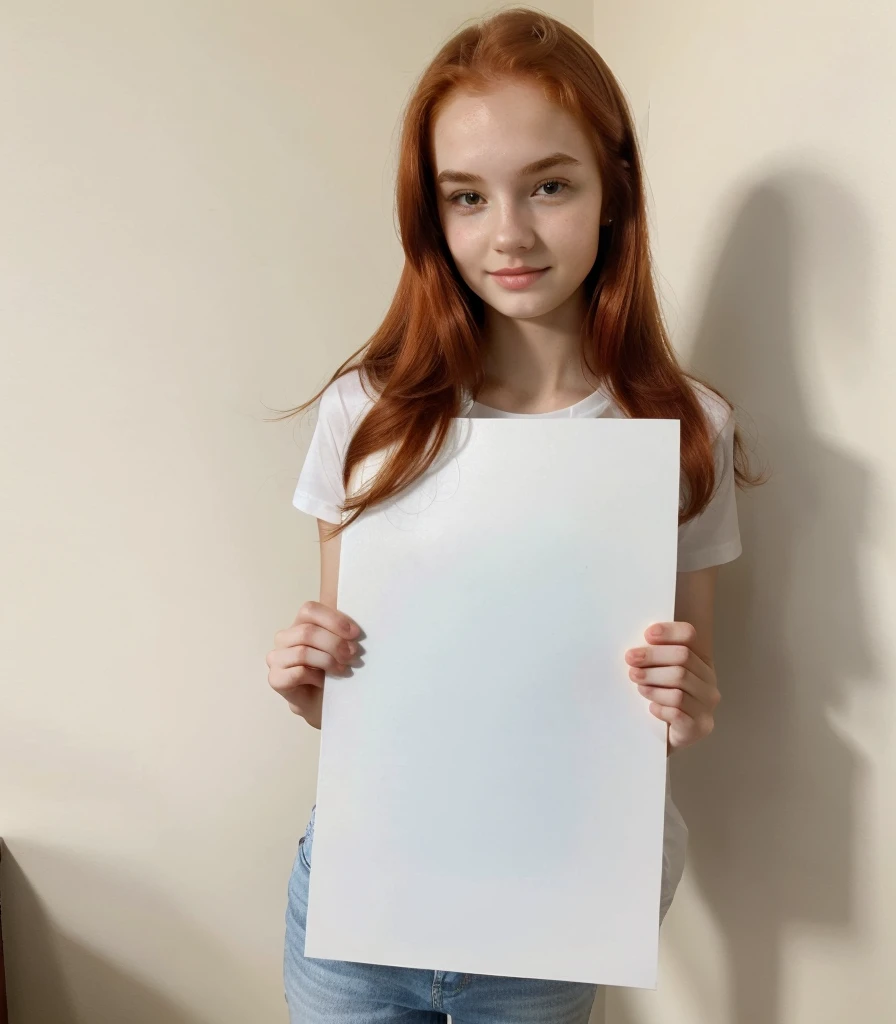 photo of most beautiful 17yo redhead girl,holding blank sign, perfect body, wearing white t-shirt, holding blank sign paper infront, showing blank paper to camera, perky natural breasts, seductive, big lips, verification photo, bedroom, selfie, found amateur footage