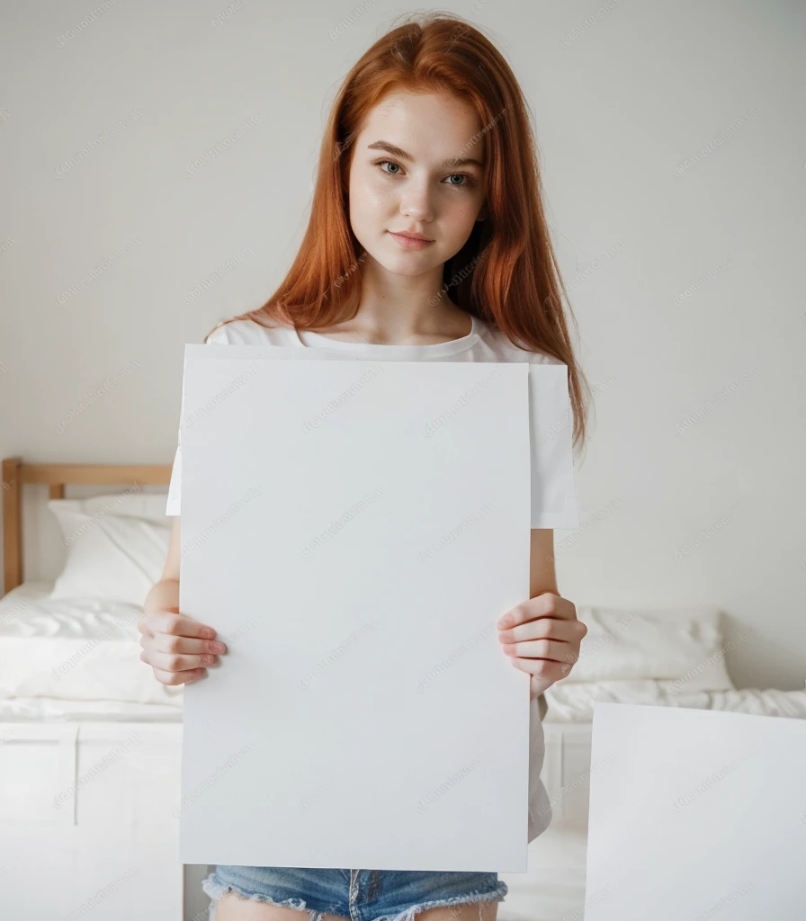 photo of most beautiful 17yo redhead girl,holding blank sign, perfect body, wearing white t-shirt, holding blank sign paper infront, showing blank paper to camera, perky natural breasts, seductive, big lips, verification photo, bedroom, selfie, found amateur footage