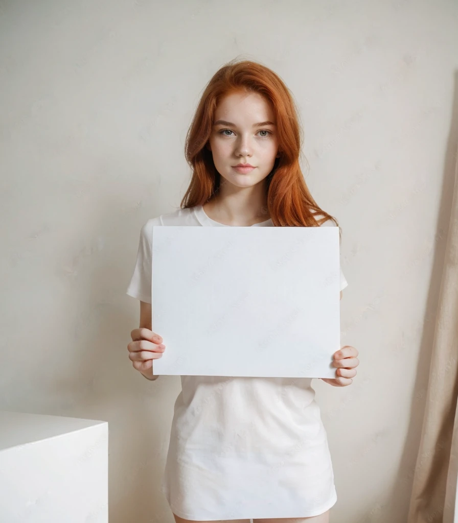 photo of most beautiful 17yo redhead girl,holding blank sign, perfect body, wearing white t-shirt, holding blank sign paper infront, showing blank paper to camera, perky natural breasts, seductive, big lips, verification photo, bedroom, selfie, found amateur footage