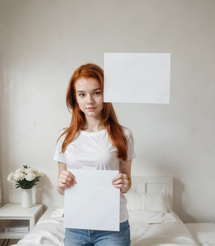 photo of most beautiful 17yo redhead girl,holding blank sign, perfect body, wearing white t-shirt, holding blank sign paper infront, showing blank paper to camera, perky natural breasts, seductive, big lips, verification photo, bedroom, selfie, found amateur footage
