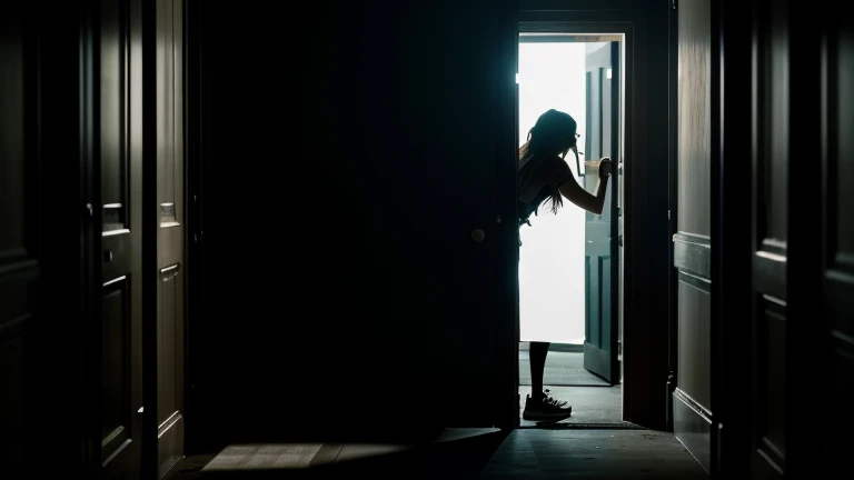 A woman is in a dark room, lit only by a dim light, holding a baseball bat. She faces a half-open door that leads to a pitch-black hallway.