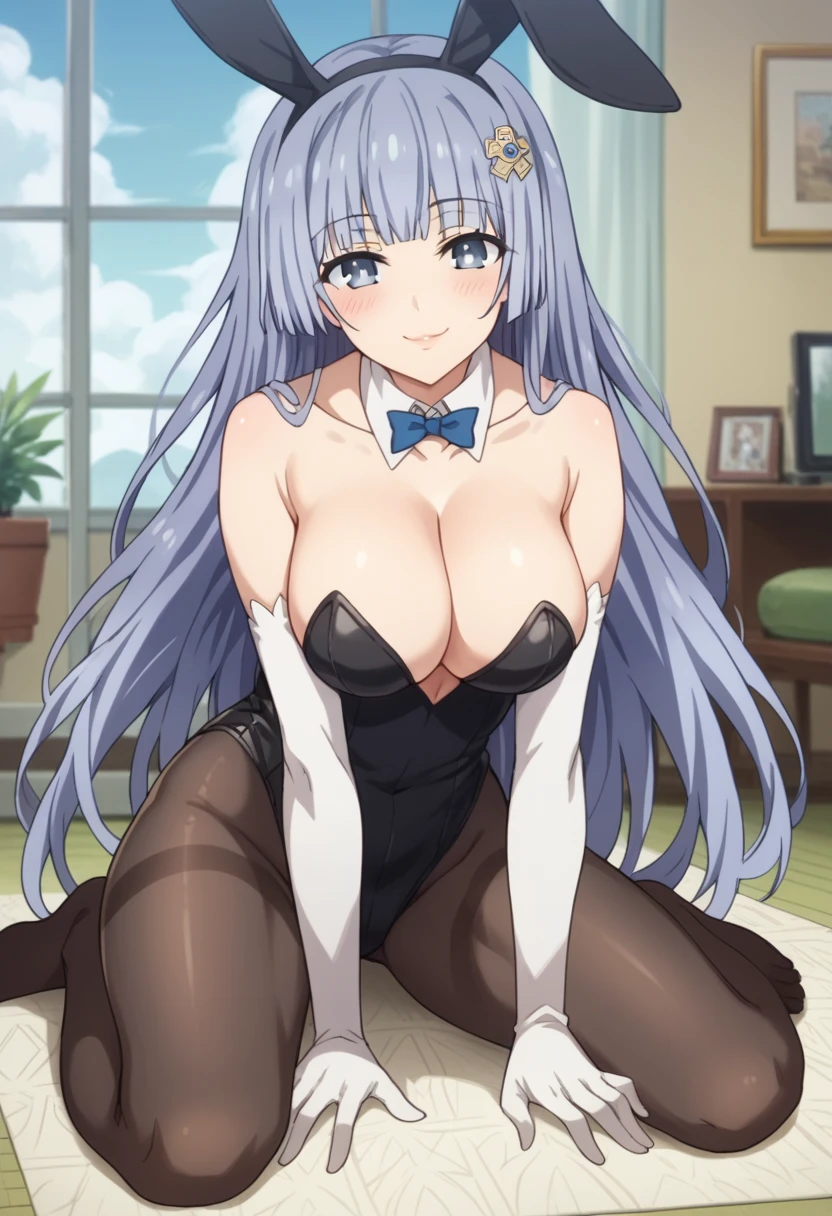 Score_9, Score_8_up, Score_7_up, source_anime BREAK 1girl, cowboy photo, mikuizayoi, miku izayoi, bangs, blunt bangs, hime cut, hair ornament, long hair, blue eyes, blue hair, blush, naughty face, big breasts, bunny girl blue, black leotard, white gloves, elbow-length gloves, black pantyhose, detached collar, fake off-shoulder, cleavage, animal ears, collarbone,
large breasts, dentures in skin, smile, blush, slightly puckered, lips, pursed lips, naughty face, happy, leaning to one side, feet,
Indoors, living room, on the floor, window, carpet, cloudy sky, reclined table,