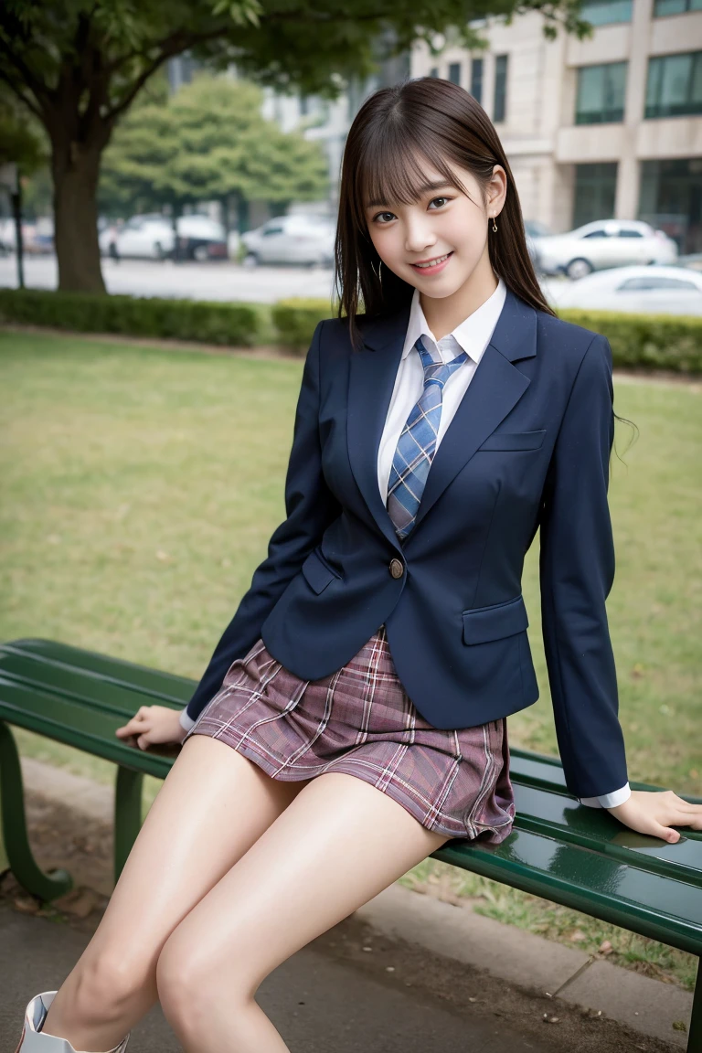 (8K), (highest quality: 1.2), (Realistic), (Realistic: 1.37), Ultra-high resolution, 1 girl, cute, (Embarrassed smile:1.2), (Blushing:1.4),Mouth closed, Beautiful details, Beautiful Nose, Wet Hair,bangs, giant dulcefo, pork, Thighs,Navel exposed,University Student Uniform,A simple blazer,Pleated skirt,(The skirt and tie are tartan check pattern.:1.3),Platform boots, (sitting on a park bench:1.2),(Shiny legs:1.2), medium shot
