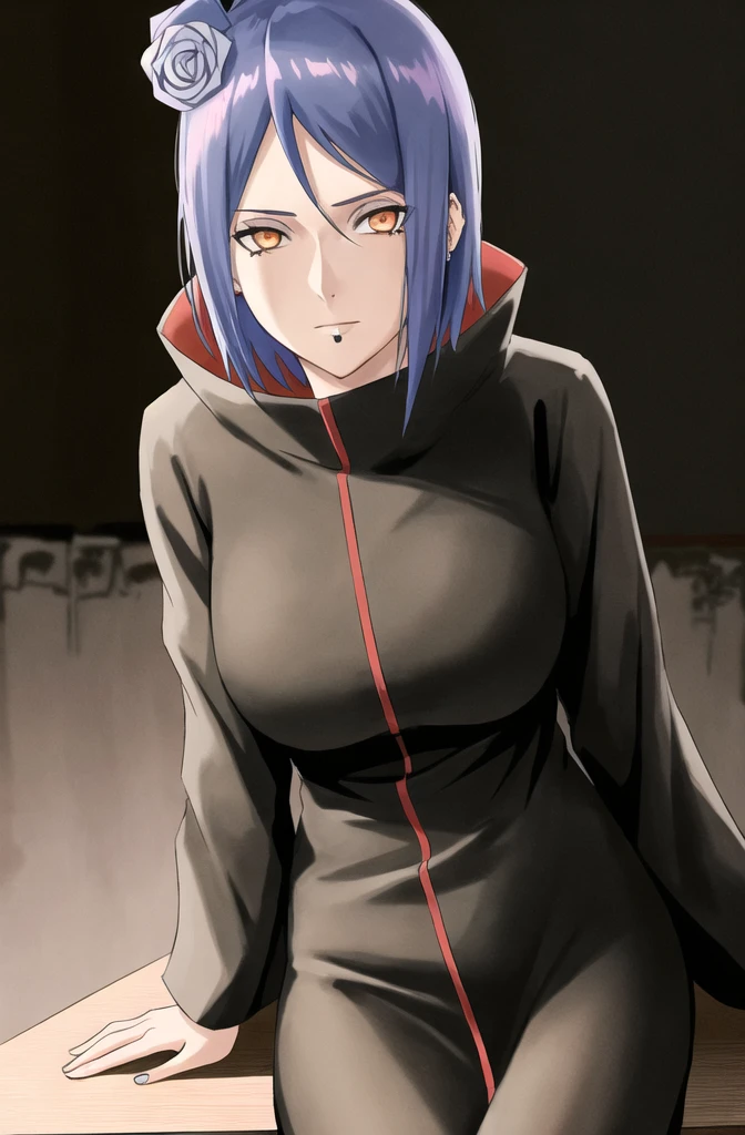 konan \(naruto\), solo, looking_at_viewer, 1girl, closed_mouth, akatsuki outfit, labret piercing, looking at the viewer, (((sitting on the table inside dark room))), night time, busty, large breasts