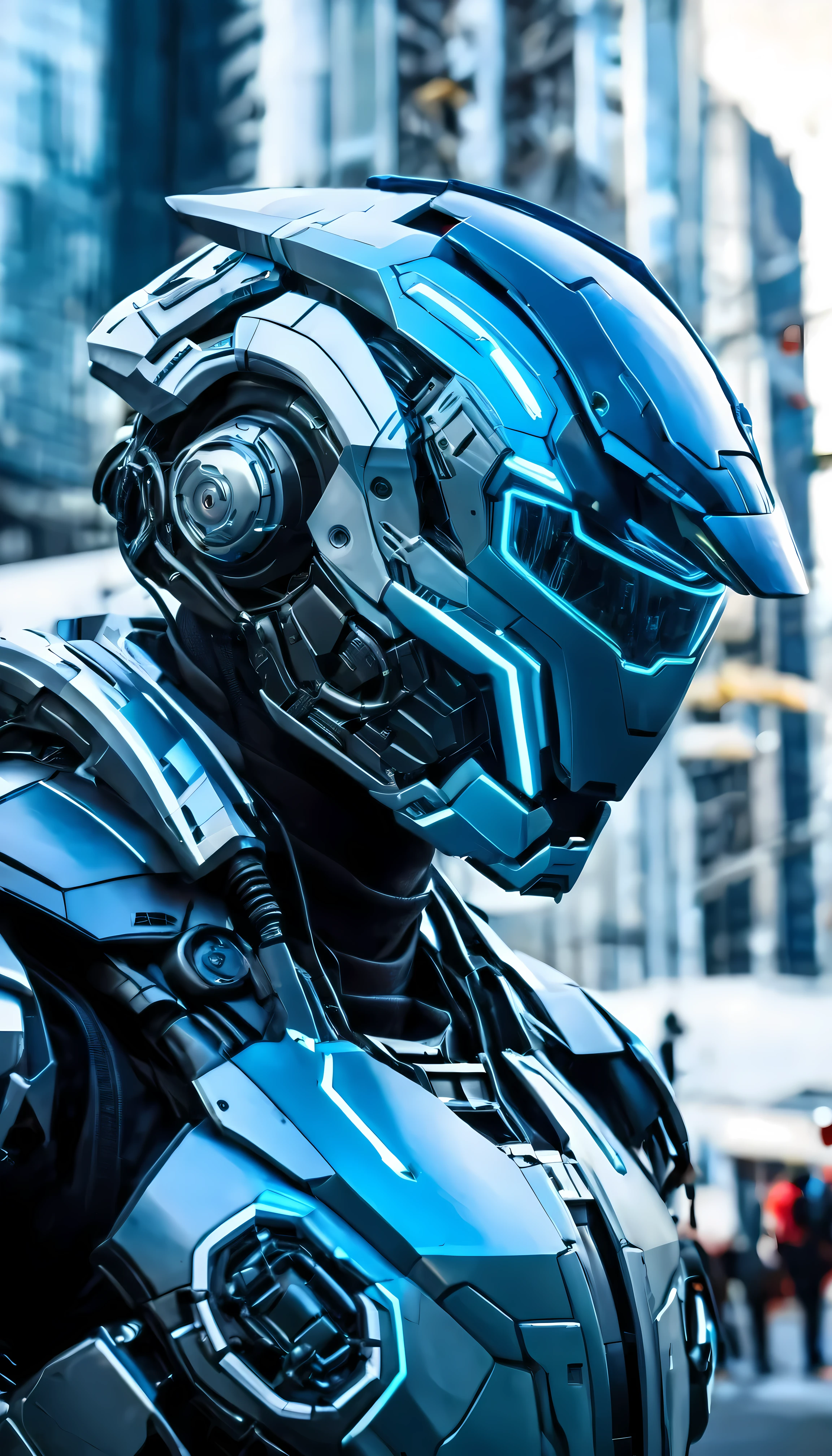 Close-up view upon A futuristic robot helmet with intricate details , futuristic visor, bulky robotic intricate detailings body ,in a futuristic cybernetic city , holding a large futuristic gun