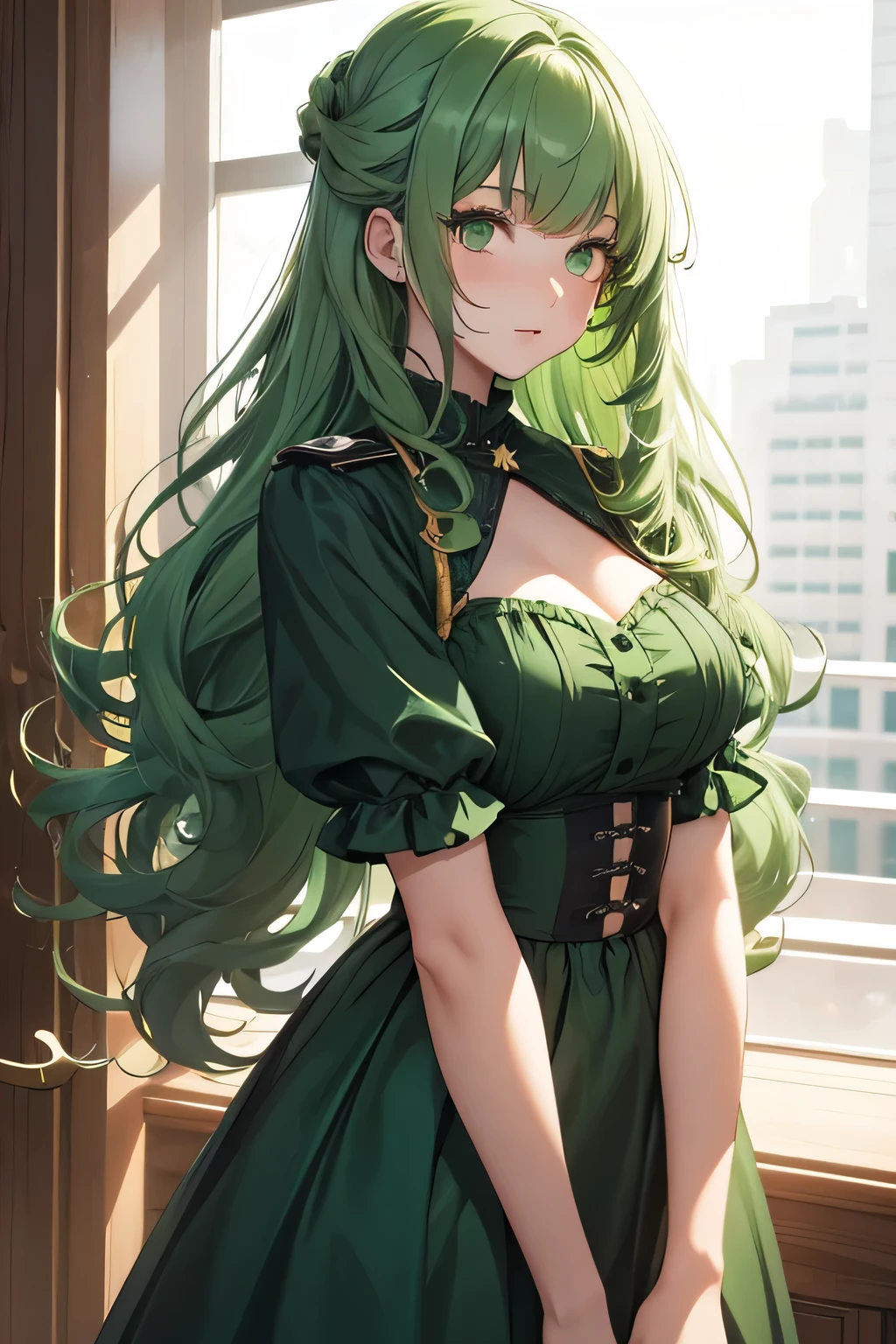 girl, 18 years old, long green hair, curly hair, green eyes, idol outfit