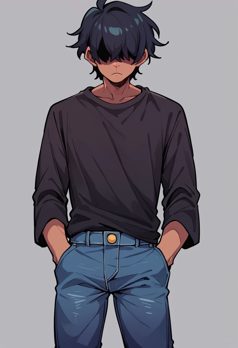 a boy with hair covering his eyes, hands in pockets, wearing jeans, inspired by Kris from Deltarune, dark background, serious look, dark shirt, black hair, dark image