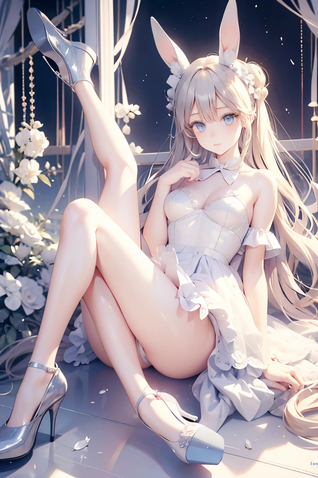 Civil Engineering Tsukino,blond,blue eyes,Bunny ears,Bunny Lace Lingerie Costume,beautiful girl,Bow,High heels,Long hair,Bunny Costume,Crystal Shoes,两个Bow,Two braids,White lace underwear