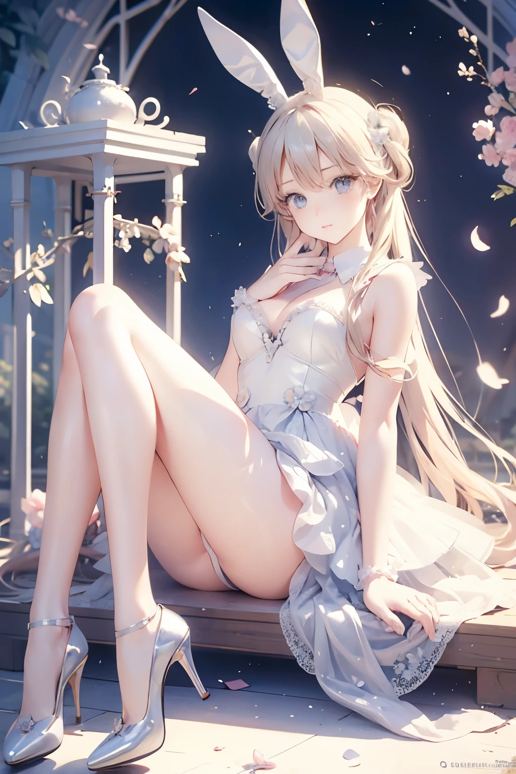 Civil Engineering Tsukino,blond,blue eyes,Bunny ears,Bunny Lace Lingerie Costume,beautiful girl,Bow,High heels,Long hair,Bunny Costume,Crystal Shoes,两个Bow,Two braids,White lace underwear
