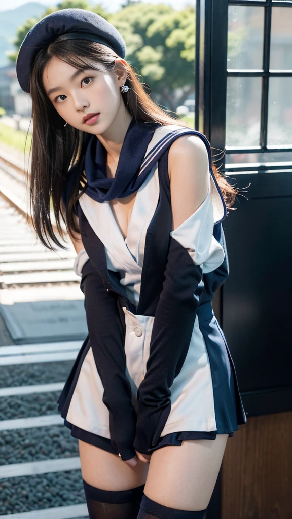 mix4, (16K, Raw photography, Top image quality, ​masterpiece: 1.45), (realisitic, Photorealsitic: 1.37), one girls, 7．5, etc、No skin exposure due to clothing、well maintained、Random hairstyle、Standing figure，Morning time slot、a very cute,countryside view,, profetional lighting, photon maping、physically-based renderingt, Gradient dark brown hair,Crisp backgrounds and high resolution, a handsome, Well-groomed and beautiful eyes、Large double eyelids、Very shiny、girl with, (((student clothes、Navy blue long-sleeved sailor suit worn by Japan schoolgirl、Navy blue sailor color、scarf、Navy blue miniskirt, Small beret、high socks、lowfers))), Top Quality Photos, hight resolution, 1080P, (clearface), (Detailed face description), (Detailed hand description), (​masterpiece), (Exquisite CG)、extreme light and shadows、dishevled hair、master work、abundant detail、(Fine facial features)、(top quality photo)、(masuter piece)、(A detailed eye)、Look in front of you、Fine clavicle、((Slender big))、(((Japan schoolgirl in sailor suit)))、((Beautiful face like an idol))、((country、train track、railroad crossing、Mountains in the distance々))、(((neat and cute)))、earrings、A big smile、Drawing the whole body from the knees、Do not draw nasolabial folds、(((Cute sailor suit)))、(huge breasts that hang down big:1.2)、Big buttocks with tension、Two arms and two legs、(((from the front side:0.3)))、bare hand、No mask、Arrival train、Cleavage