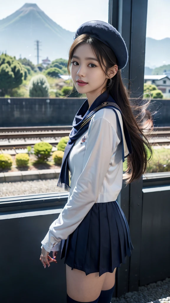 mix4, (16K, Raw photography, Top image quality, masterpiece: 1.45), (realisitic, Photorealsitic: 1.37), one girls, 7.5, etc、No skin exposure due to clothing、well maintained、Random hairstyle、Standing figure,Morning time slot、a very cute,countryside view,, profetional lighting, photon maping、physically-based renderingt, Gradient dark brown hair,Crisp backgrounds and high resolution, a handsome, Well-groomed and beautiful eyes、Large double eyelids、Very shiny、girl with, (((student clothes、Navy blue long-sleeved sailor suit worn by Japan girl、Navy blue sailor color、scarf、Navy blue miniskirt, Small beret、high socks、lowfers))), Top Quality Photos, hight resolution, 1080P, (clearface), (Detailed face description), (Detailed hand description), (masterpiece), (Exquisite CG)、extreme light and shadows、dishevled hair、master work、abundant detail、(Fine facial features)、(top quality photo)、(masuter piece)、(A detailed eye)、Look in front of you、Fine clavicle、((Slender big))、(((Japan schooln sailor suit)))、((Beautiful face like an idol))、((country、train track、railroad crossing、Mountains in the distance々))、(((neat and cute)))、earrings、A big smile、Drawing the whole body from the knees、Do not draw nasolabial folds、(((Cute sailor suit)))、(huge breasts that hang down big:1.2)、Big buttocks with tension、Two arms and two legs、(((from the front side:0.3)))、bare hand、No mask、Arrival train、Cleavage