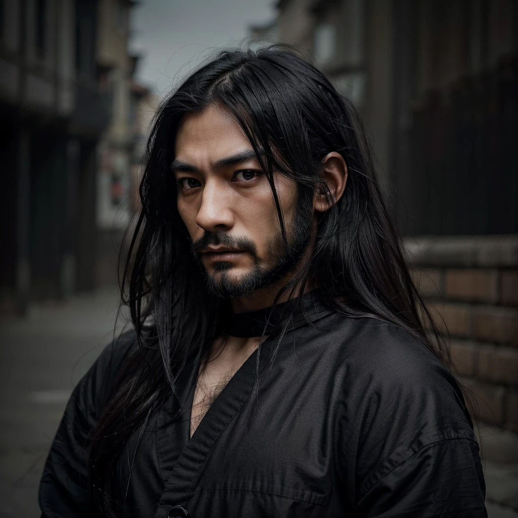 A Japanese man, very long black hair, beautiful detailed eyes, small detailed nose, detailed lips, medium black beard, long eyelashes, serious expression, detailed facial features, hyper-realistic, dark and moody atmosphere, soft color palette, dramatic shadows , with black clothes, turned away with hair in the wind 8k high definition.