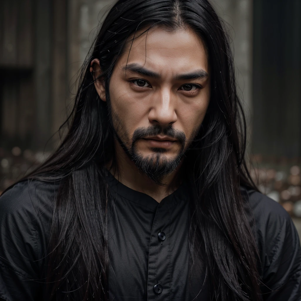 A Japanese man, very long black hair, beautiful detailed eyes, small detailed nose, detailed lips, medium black beard, long eyelashes, serious expression, detailed facial features, hyper-realistic, dark and moody atmosphere, soft color palette, dramatic shadows , with black clothes, turned away with hair in the wind 8k high definition.