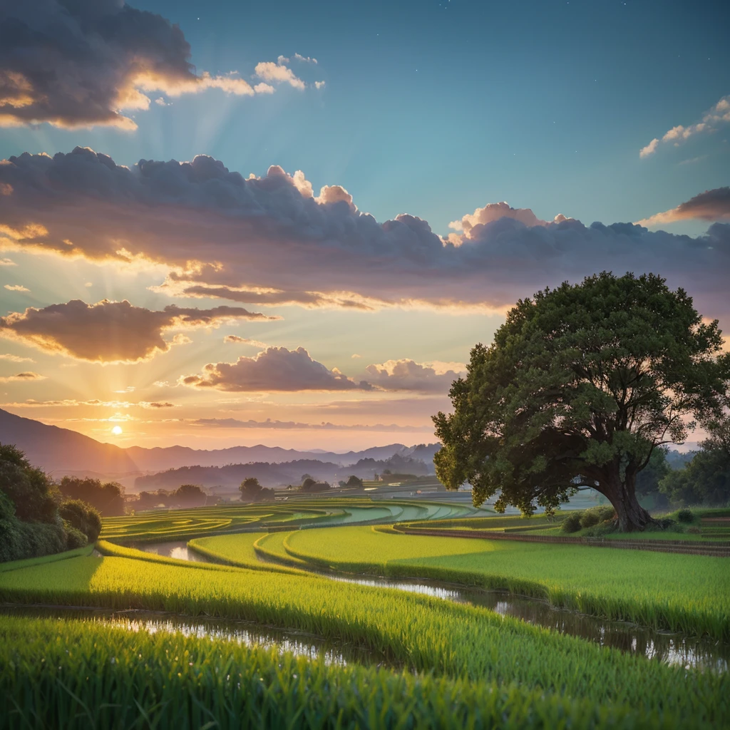 Best quality, 4k, 8k, high-level, masterpiece: 1.2, ultra detailed, realistic: 1.37, (Endless rice fields), a ,double exposure,blue sky, dreamy atmosphere, bright color palettes, vibrant hues, Impressionist brushstrokes, subtle lighting effects , sunset on the horizon, peaceful and serene atmosphere, harmony between nature and the sky, textured brushstrokes, rich and vibrant crops, dusk atmosphere, peaceful and pastoral rural scenery, The glowing stars illuminate the night, creating a peaceful and serene atmosphere, a serene and picturesque environment, inspired by Van Gogh's style and techniques. The sublime and atmospheric depiction, ethereal beauty, and mesmerizing celestial phenomena,