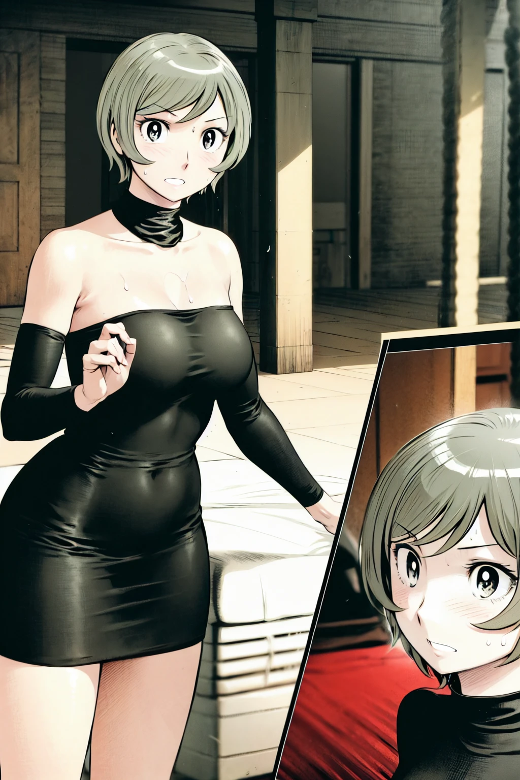 、(masterpiece、Highest quality)、Highest quality, Ultra-high resolution, (((masterpiece))), alone, Sweat、Big eyes, Sleeveless、Outdoor、Floral Dress、turtleneck、Tight clothing、skirt、Composition from the front、(後ろCut your hair short、short hair、blonde、woman)、Shortcuts、Embarrassed face、Cut your hair short、可愛いwomanの子、Big Breasts