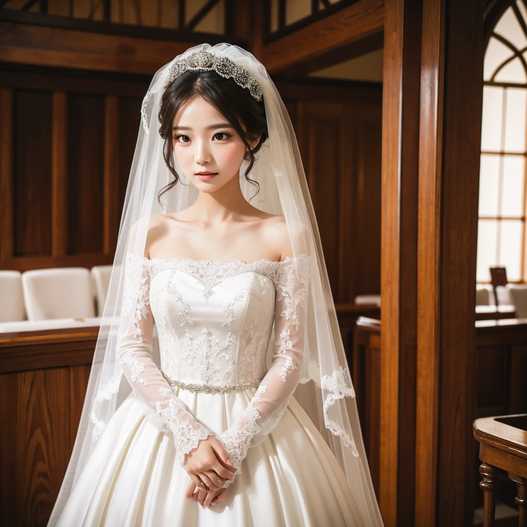 1 girl, wearing a long-sleeved wedding dress, veil covering her hair, wedding photography, pre wedding, unique concept