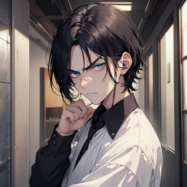 A young man with black hair, blue eyes, a White suit stood with his back turned half-face smoking a cigarette in his room at night.