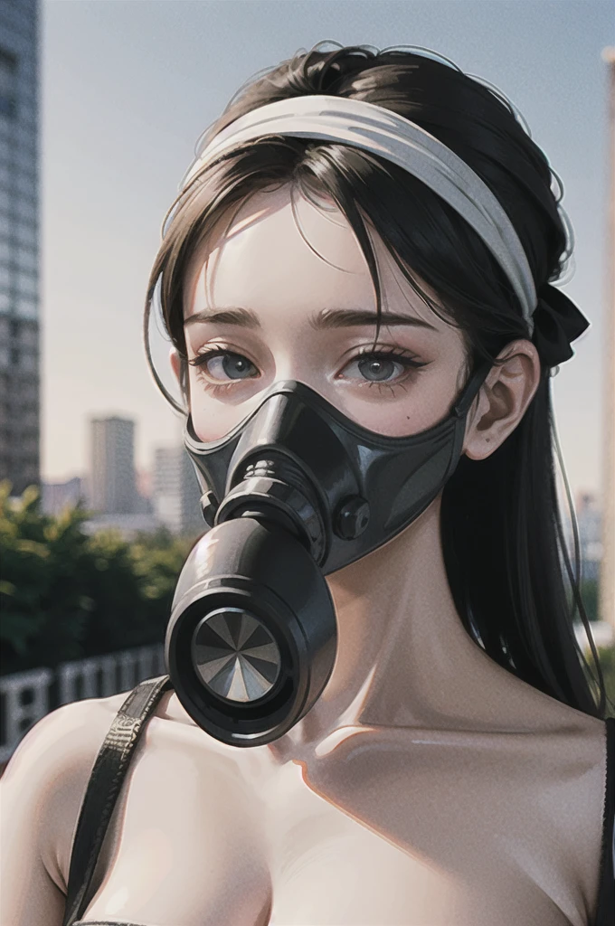 (masterpiece, best quality), ultra realistic, photorealistic,
woman wearing a gas mask, head bandana
