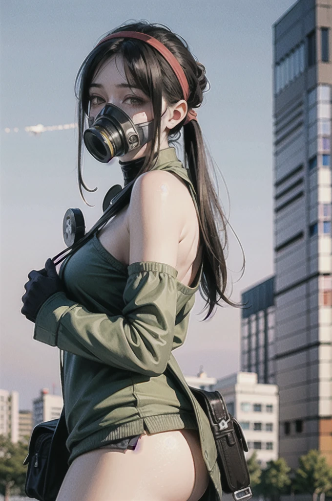 (masterpiece, best quality), ultra realistic, photorealistic,
woman wearing a gas mask, head bandana