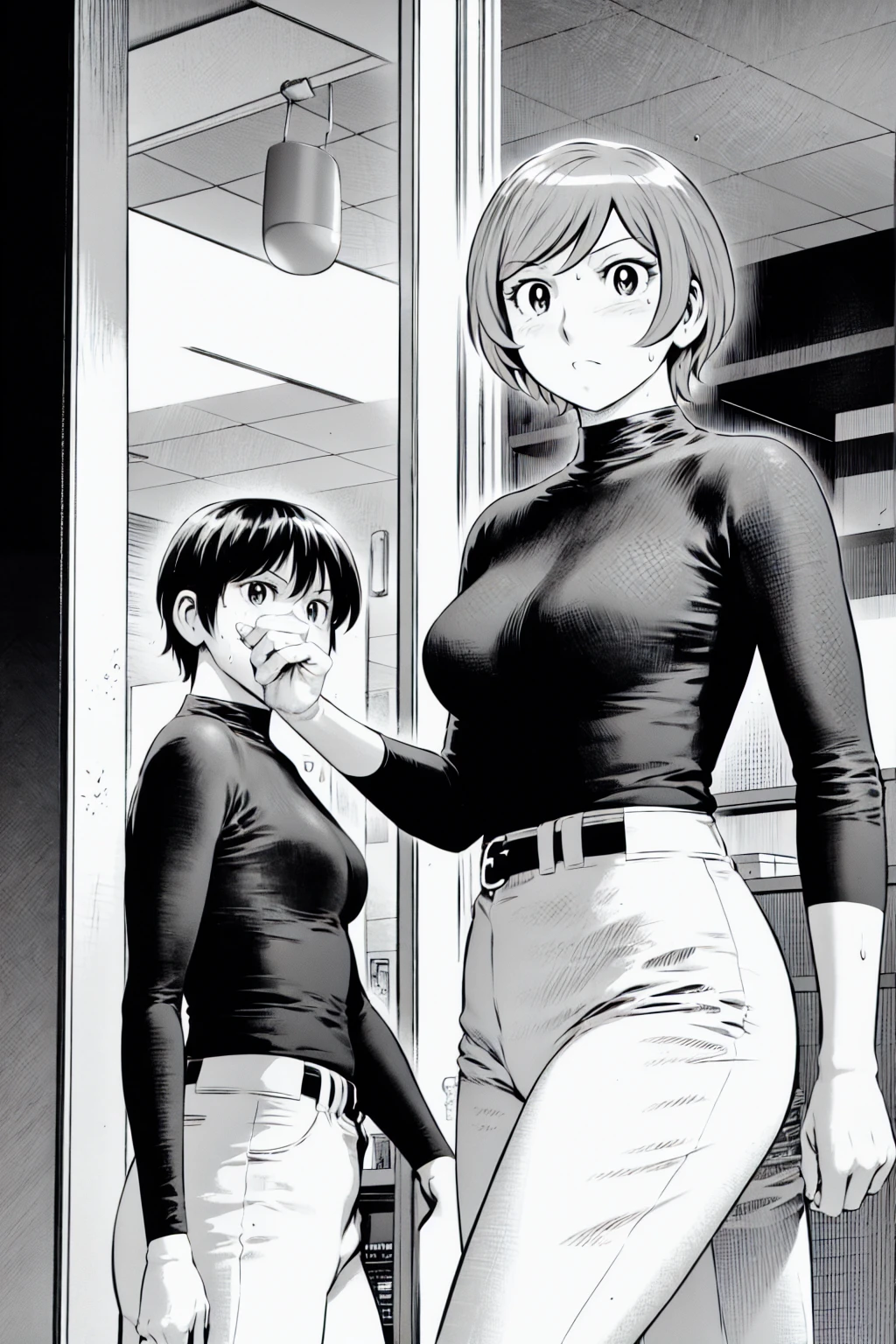 、(masterpiece、Highest quality)、Highest quality, Ultra-high resolution, (((masterpiece))), alone, Sweat、Big eyes,Tight black shirt、Tight white pants、belt、indoor、Composition from the front、(Cut the back hair short、short hair、blonde、woman)、Shortcuts、Embarrassed face、Cut your hair short、可愛いwomanの子、Big Breasts、office