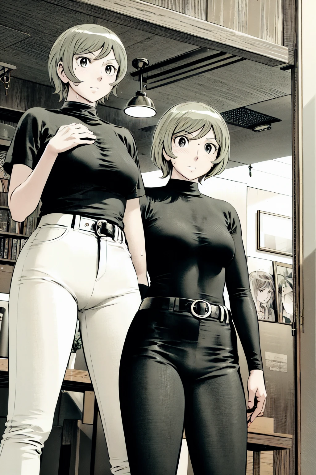 、(masterpiece、Highest quality)、Highest quality, Ultra-high resolution, (((masterpiece))), alone, Sweat、Big eyes,Tight black shirt、Tight white pants、belt、indoor、Composition from the front、(Cut the back hair short、short hair、blonde、woman)、Shortcuts、Embarrassed face、Cut your hair short、可愛いwomanの子、Big Breasts、office