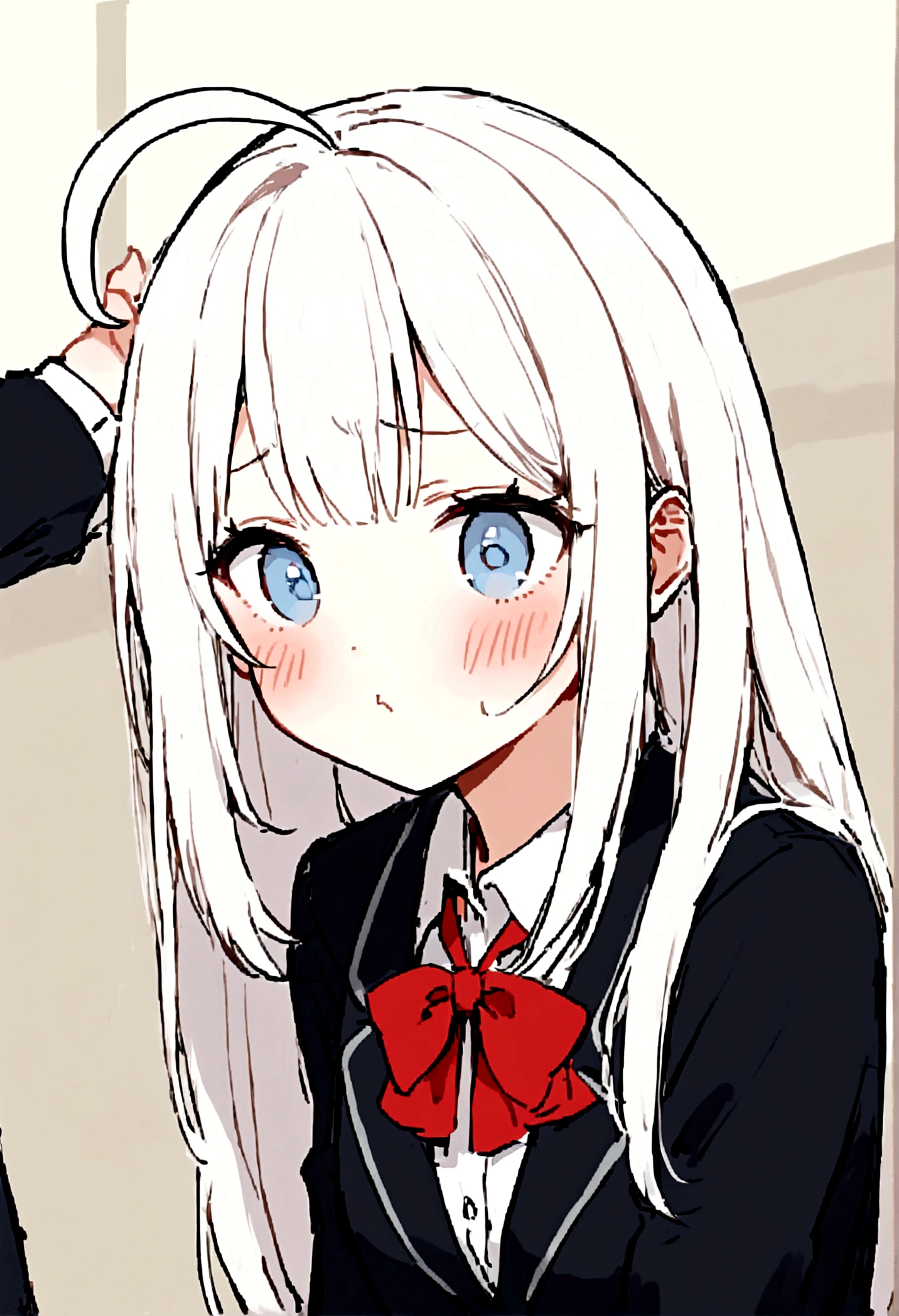 The character has long, straight silver-white hair with a side part and a small ahoge, adorned with a red ribbon tied on the left side. Her light blue eyes, often expressing a tsundere (cold but sweet) demeanor, are complemented by a slight blush on her cheeks. She typically wears a cream-colored school blazer over a white shirt, paired with a red bow tie, a black dress, and white thigh-high stockings. Her expression ranges from pouty to neutral, conveying a sense of annoyance or aloofness. She is usually depicted in a school setting, such as a classroom, reinforcing her student persona.