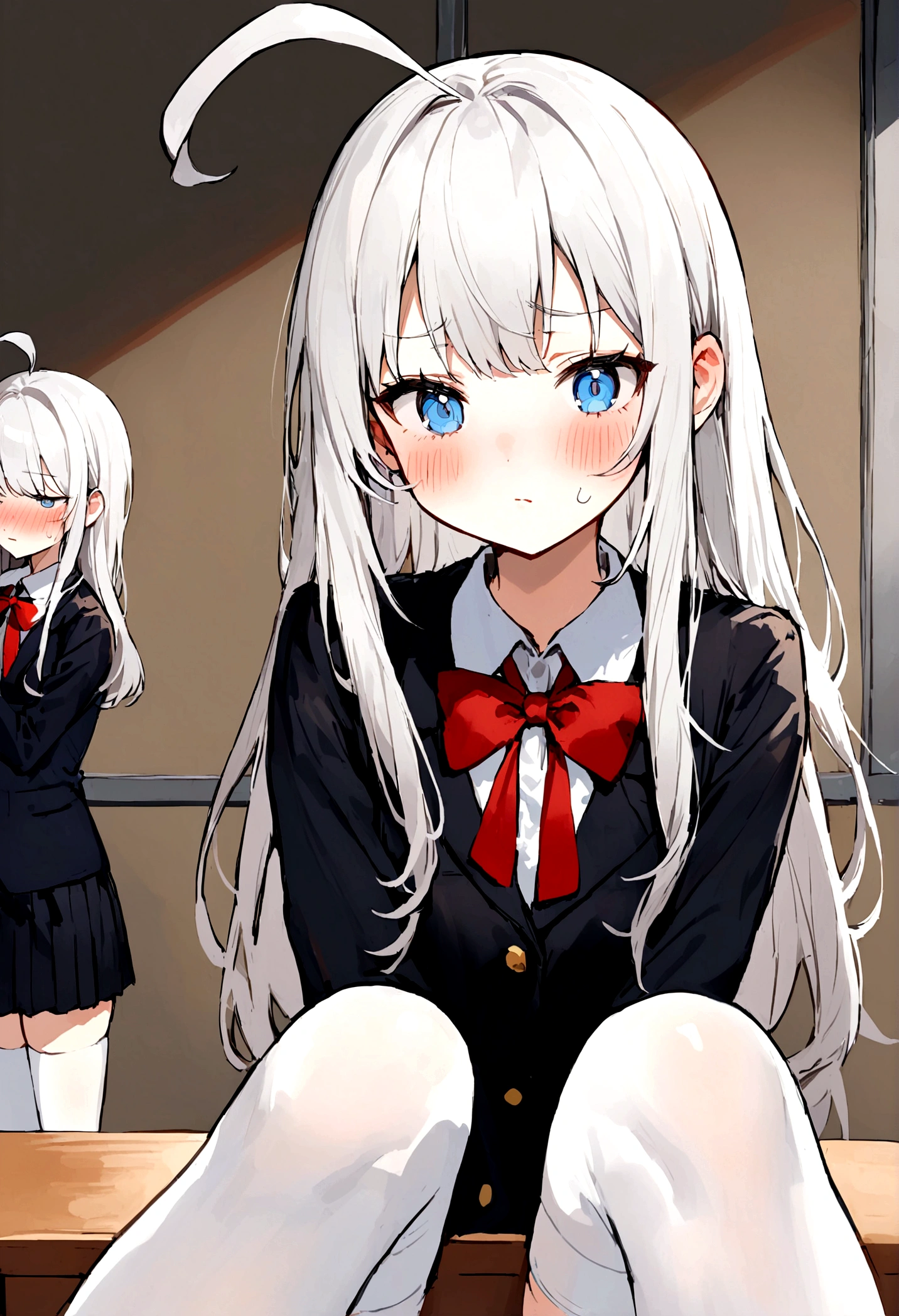 The character has long, straight silver-white hair with a side part and a small ahoge, adorned with a red ribbon tied on the left side. Her light blue eyes, often expressing a tsundere (cold but sweet) demeanor, are complemented by a slight blush on her cheeks. She typically wears a cream-colored school blazer over a white shirt, paired with a red bow tie, a black dress, and white thigh-high stockings. Her expression ranges from pouty to neutral, conveying a sense of annoyance or aloofness. She is usually depicted in a school setting, such as a classroom, reinforcing her student persona.