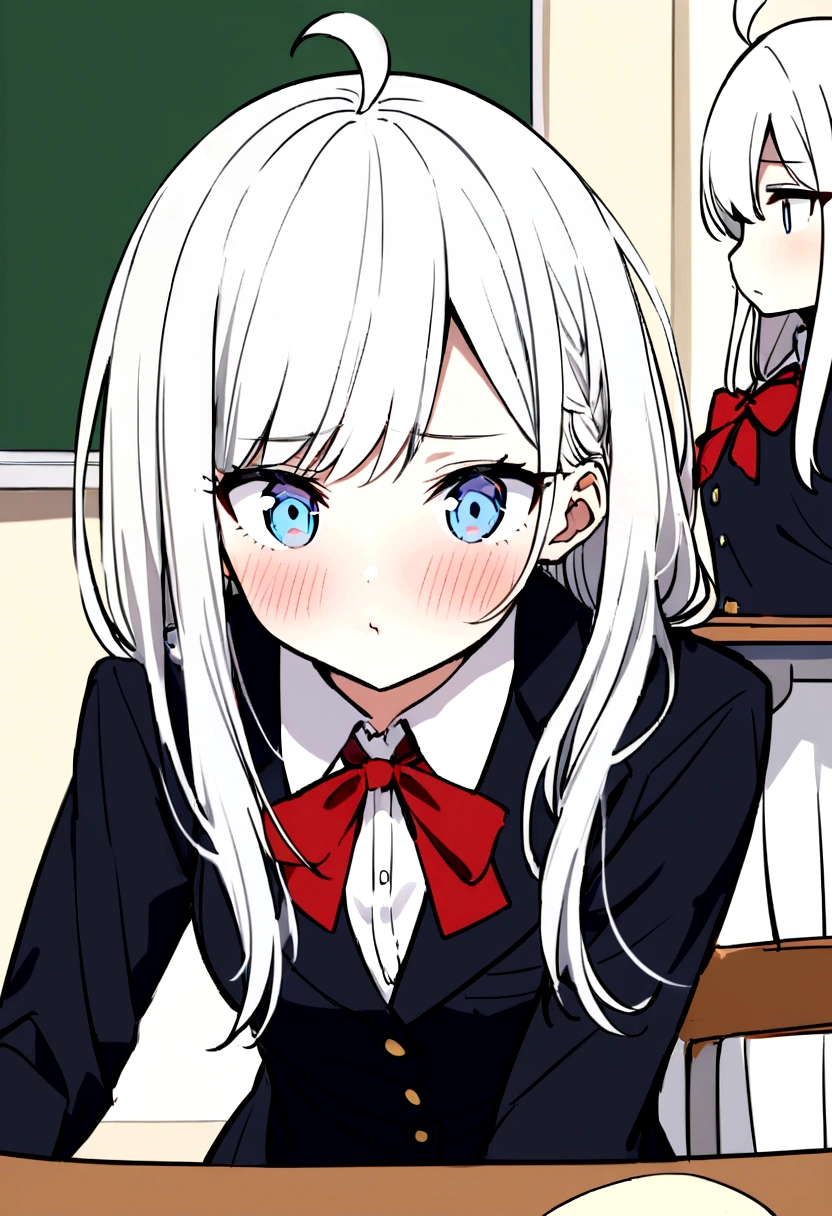 The character has long, straight silver-white hair with a side part and a small ahoge, adorned with a red ribbon tied on the left side. Her light blue eyes, often expressing a tsundere (cold but sweet) demeanor, are complemented by a slight blush on her cheeks. She typically wears a cream-colored school blazer over a white shirt, paired with a red bow tie, a black dress, and white thigh-high stockings. Her expression ranges from pouty to neutral, conveying a sense of annoyance or aloofness. She is usually depicted in a school setting, such as a classroom, reinforcing her student persona.