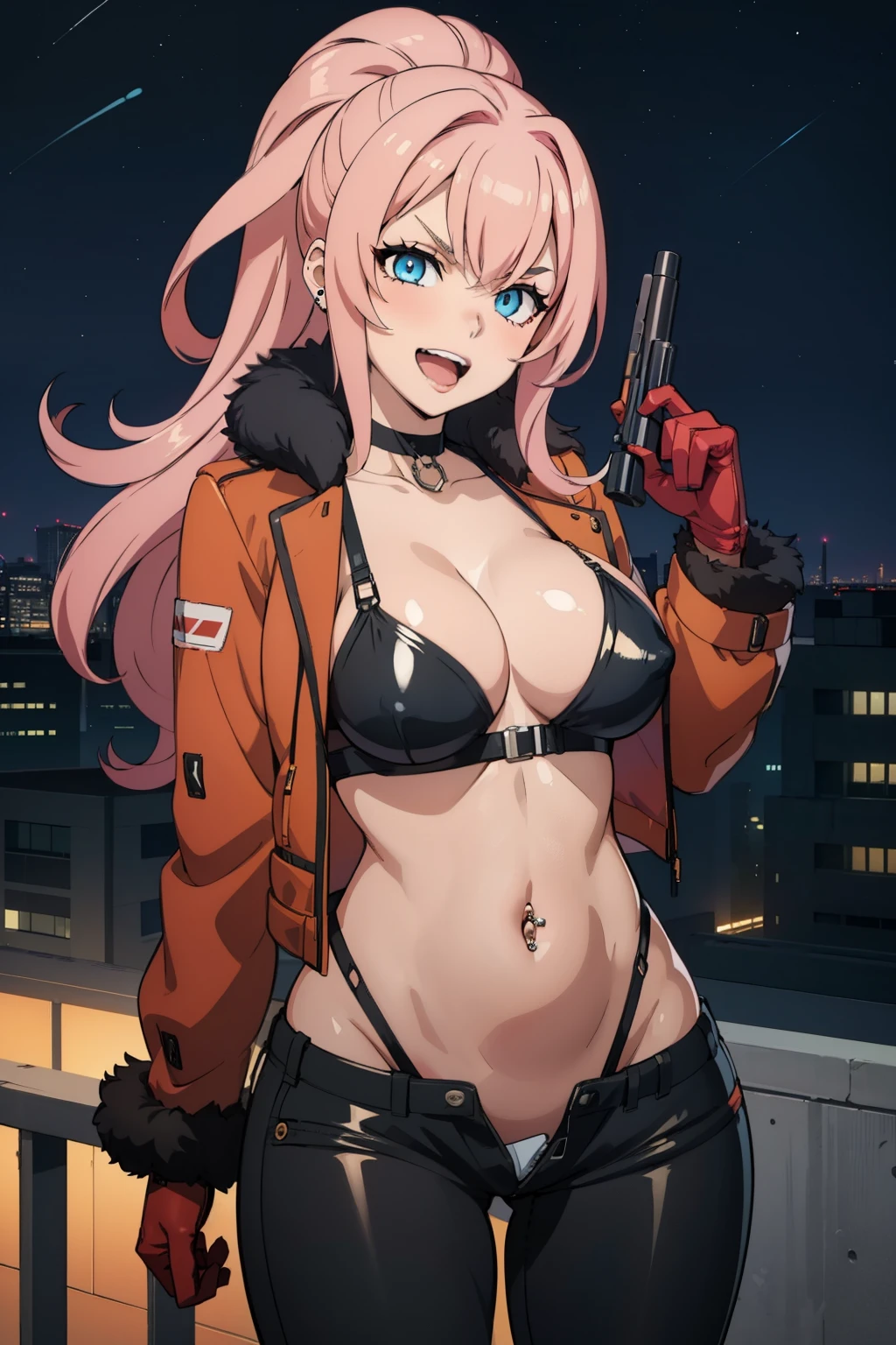 anime coloring, 1girl, solo, maria_synduality_noir, pink hair, blue eyes, long hair, large breast, ear piercing, long hair, blush, lipstick,Hot girl, baddie, staring, glaring, bad attitude, mean girl, dare, angry, hate, crazy, smoking, sensual, attractive ,fur trim, mature female, gloves, fur-trimmed coat , outdoors, rooftop, cityscape, building, railing, night, night sky, scenery, moon, city lights, gloves, masterpiece, best quality, highly detailed, a girls with a gun, evil smile , open mouth, sexy gaze, badass
pose , evil smile, smile, (nsfw) not safe for work, guns blazing, anime girl with long hair, beautiful long
haired girl, navel, evil expression, exposed belly, exposed navel, exposed midriff, exposed lower belly,
long black pants, crop top, cleavage, unbuttoned leather pants ,open fly, low rise black leather pants,
leather jacket, holding a gun, navel piercing