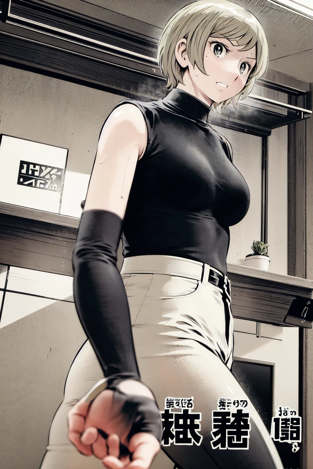 、(masterpiece、Highest quality)、Highest quality, Ultra-high resolution, (((masterpiece))), alone, Sweat、Big eyes,Tight black shirt、Tight white pants、belt、indoor、Composition from the front、(Cut the back hair short、short hair、blonde、woman)、Shortcuts、Embarrassed face、Cut your hair short、可愛いwomanの子、Big Breasts、office