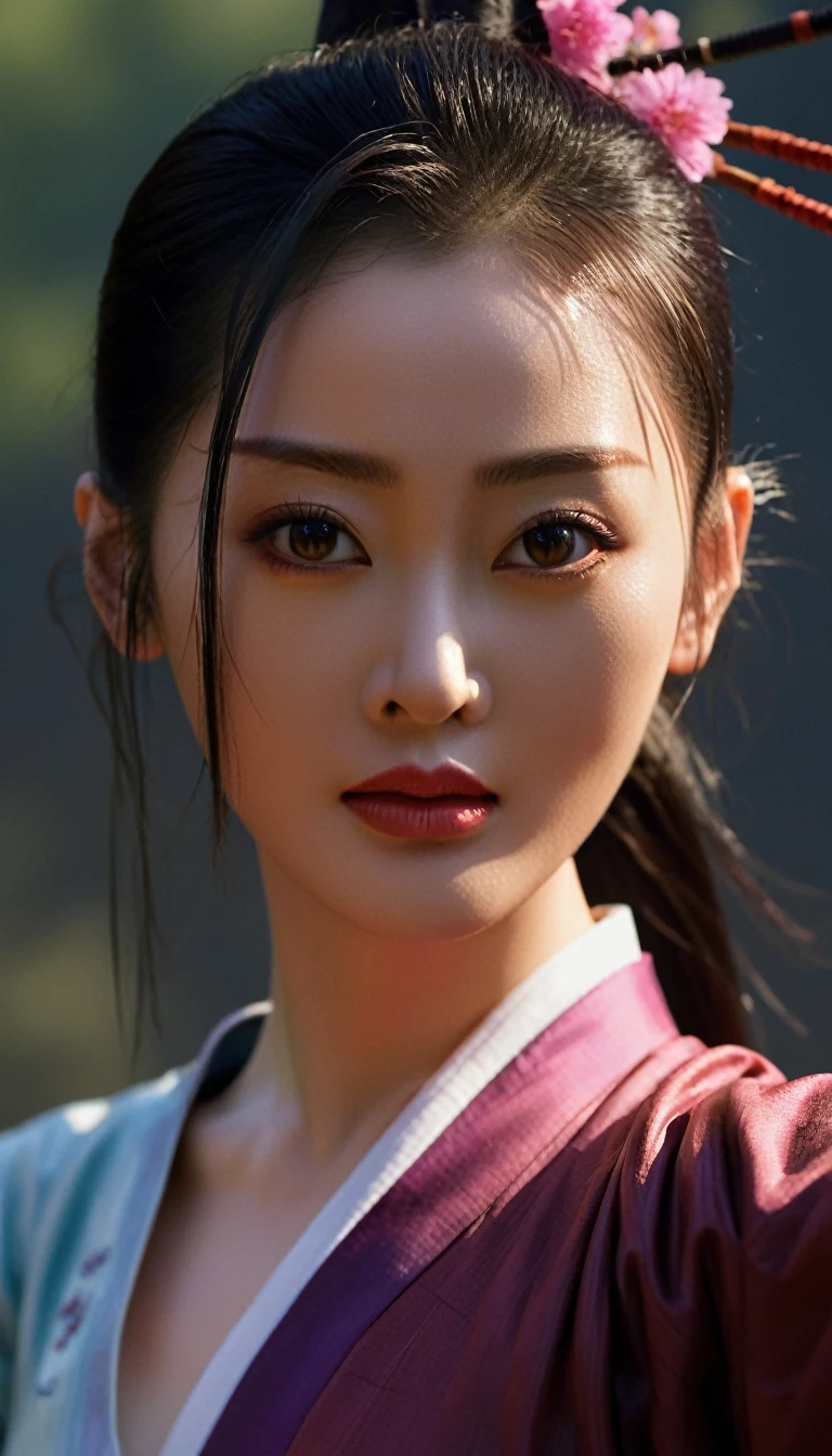 (masterpiece,best quality,ultra high res:1.2),(photo-realistic:1.3),(beautiful face,exquisite face,skin texture:1.1),
side_light,wuxia,
zhangtianai,
chinese actress,holding sword,