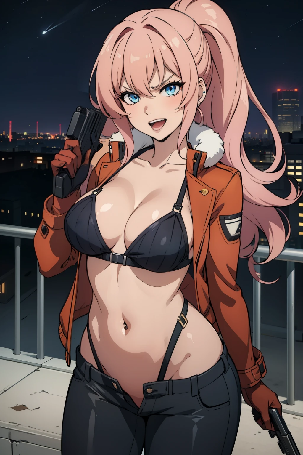 anime coloring, 1girl, solo, maria_synduality_noir, pink hair, blue eyes, long hair, large breast, ear piercing, long hair, blush, lipstick,Hot girl, baddie, staring, glaring, bad attitude, mean girl, dare, angry, hate, crazy, smoking, sensual, attractive ,fur trim, mature female, gloves, fur-trimmed coat , outdoors, rooftop, cityscape, building, railing, night, night sky, scenery, moon, city lights, gloves, masterpiece, best quality, highly detailed, a girls with a gun, evil smile , open mouth, sexy gaze, badass
pose , evil smile, smile, (nsfw) not safe for work, guns blazing, anime girl with long hair, beautiful long
haired girl, navel, evil expression, exposed belly, exposed navel, exposed midriff, exposed lower belly,
long black pants, crop top, cleavage, unbuttoned leather pants ,open fly, low rise black leather pants,
leather jacket, holding a gun, navel piercing