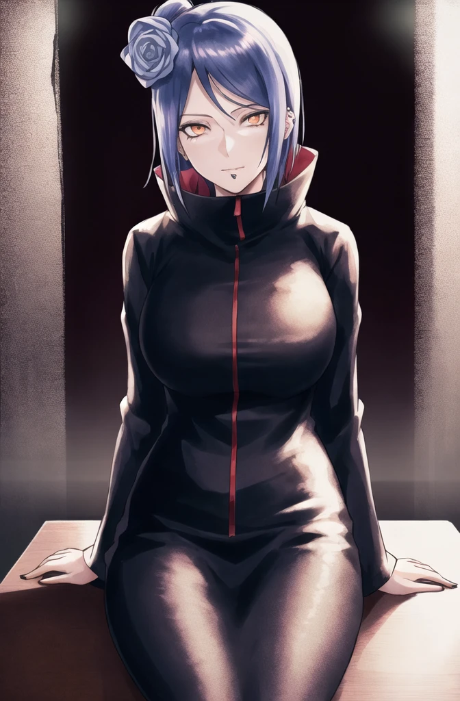 konan \(naruto\), solo, looking_at_viewer, 1girl, closed_mouth, akatsuki outfit, labret piercing, looking at the viewer, (((sitting on the table inside dark room))), night time, busty, large breasts