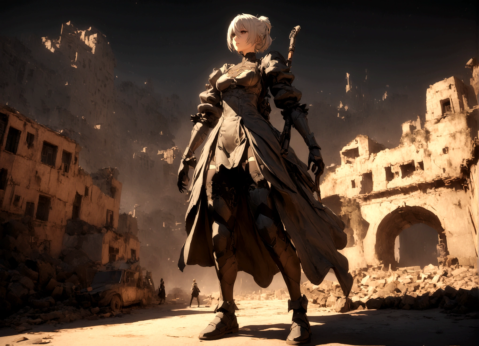 ((best qualityer)), ((work of art)), (very detailled:1.3), 2B in the ruins of a city in the forgotten war, Ancient Technology, Nier-Automata, standing, fully body, photographic essay, facefocus, Looking at the sky, hdr (high-range dynamics), ray tracing, nvidia RTX, super resolution, Irreal 5, underground dispersal, PBR Texture, Post-processing, Anisotropic filtering, Depth of field, Maximum sharpness and sharpness, multi-layered texture, albedo and highlight maps, Surface shading, Accurate simulation of interactions between light materials, perfect proportions, octane rendering, duotone lighting, Low ISO, White balance, rule of thirds, large aperture, 8K CRU, efficient sub-pixels, subpixel convolution, Luminescent particles, light scattering, Tyndall effect