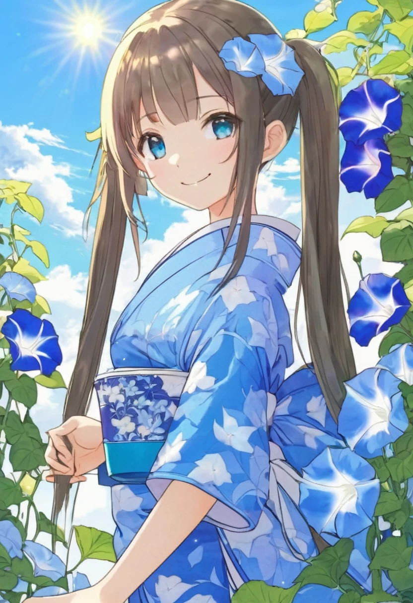 Light blue long hair　beautiful girl with twin tails　Morning glory market　Summer sky　Summer sunshine　Morning glory market　　Beautiful girl in yukata　Many potted morning glories are lined up　Bright smile　