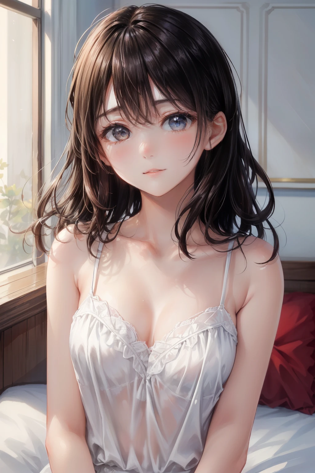 Room with morning sun, beautiful girl,  whole body, Blurry face, (Open your lips, Red cheeks), White camisole,(race),  Slender body, (Medium chest, Beautiful body lines), (Highest quality), (Highly detailed skin),Medium Hair, (Smooth Hair, Fine hair, Disheveled hair, ),  (Beautiful girls), Detailed eyes,(Droopy eyes:1.2), (Looks sleepy, Delicate eyelashes), Delicate and beautiful face, Exquisite detail, Highest quality, 8K, Bright room, An air of silence , (((early morning))), White wall, (bedroom) , Morning Silence, (Gentle atmosphere), Embarrassing, Embarrassed face,  (Very cute expression, Coquettish), (Shooting from the side), (Red cheeks,)