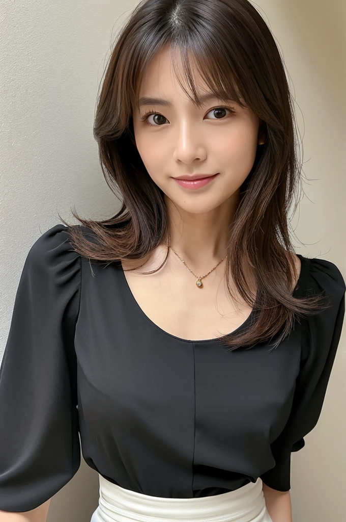 ((Highest quality)), ((masterpiece)), (detailed),Perfect Face,Japanese,Fair skin,Upper Body,Long Hair,Women's Ana Style,blouse,Mature Woman