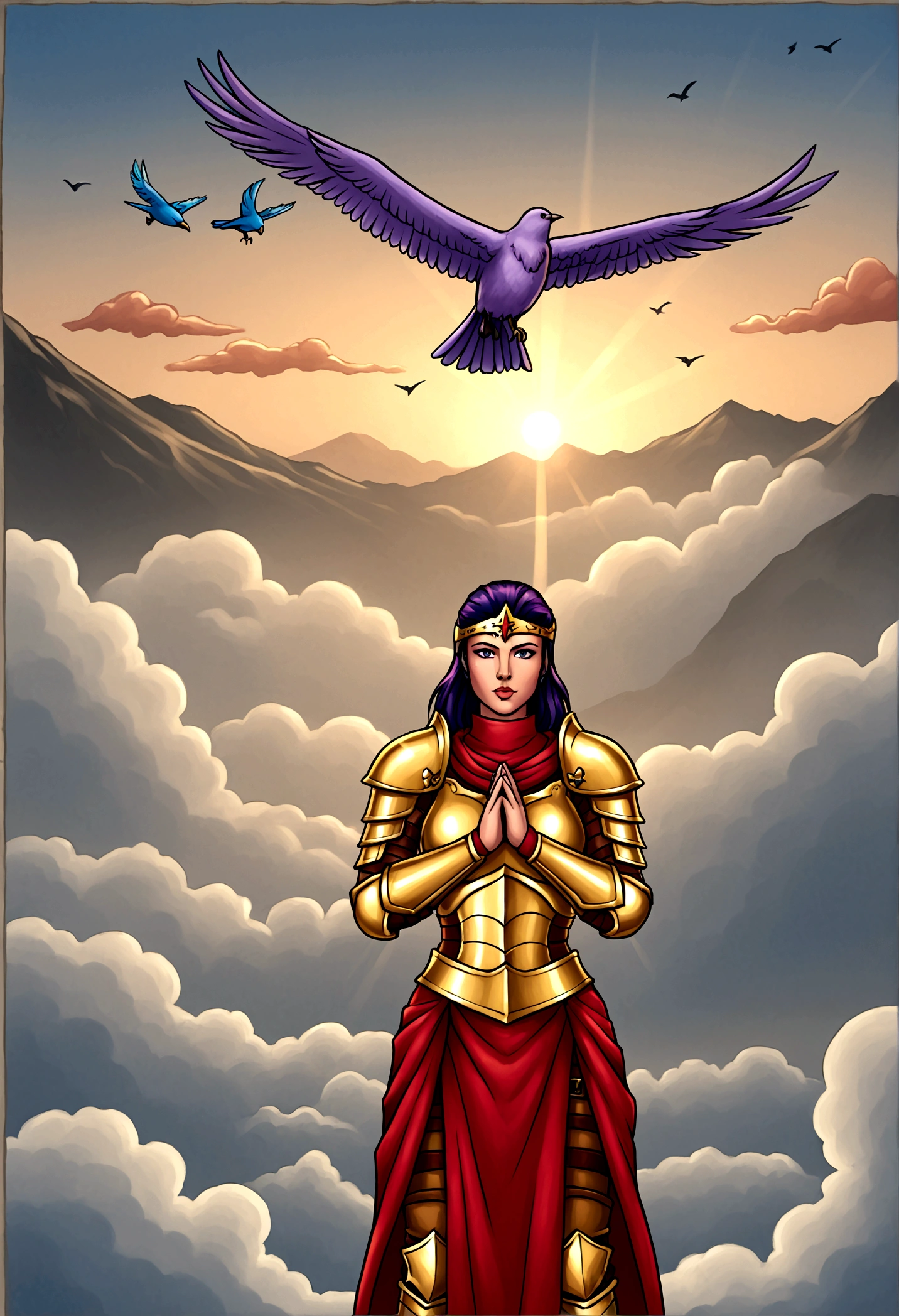 a scene of a warrior wearing battle-scarred armor, praying on his knees beneath the mountain at twilight, clouds letting sunlight through, birds flying, winds blowing.