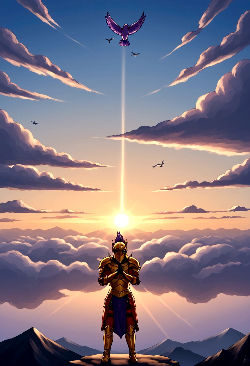 a scene of a warrior wearing battle-scarred armor, praying on his knees beneath the mountain at twilight, clouds letting sunlight through, birds flying, winds blowing.