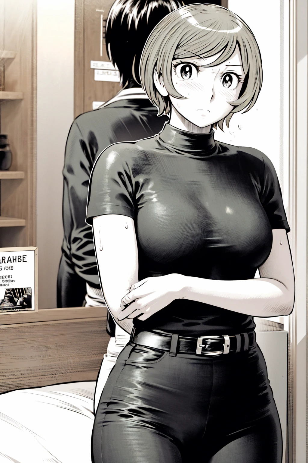 、(masterpiece、Highest quality)、Highest quality, Ultra-high resolution, (((masterpiece))), alone, Sweat、Big eyes,Tight black shirt、Tight white pants、belt、indoor、Composition from the front、(Cut the back hair short、short hair、blonde、woman)、Shortcuts、Embarrassed face、Cut your hair short、可愛いwomanの子、Big Breasts、office
