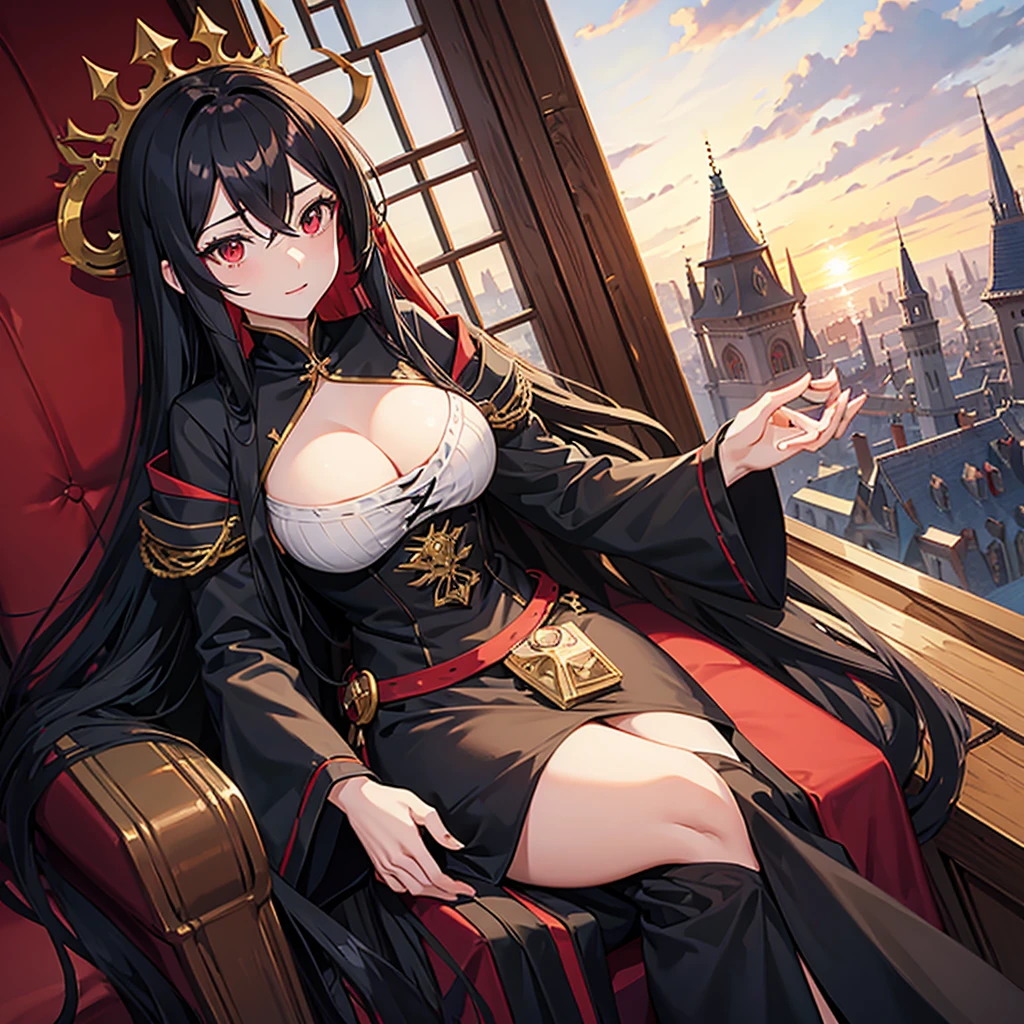 anime girl, long flowing black hair, crimson red eyes, sitting on a plush chair, drinking tea, Royal quality black dress, medieval background, castle, rich, royal, big breasts, curvy,