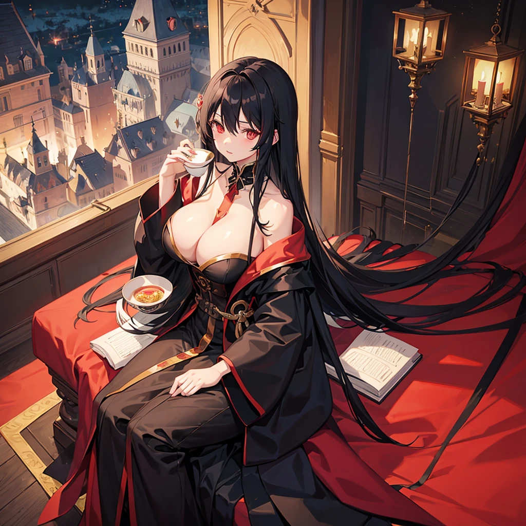 anime girl, long flowing black hair, crimson red eyes, sitting on a plush chair, drinking tea, Royal quality black dress, medieval background, castle, rich, royal, big breasts, curvy,