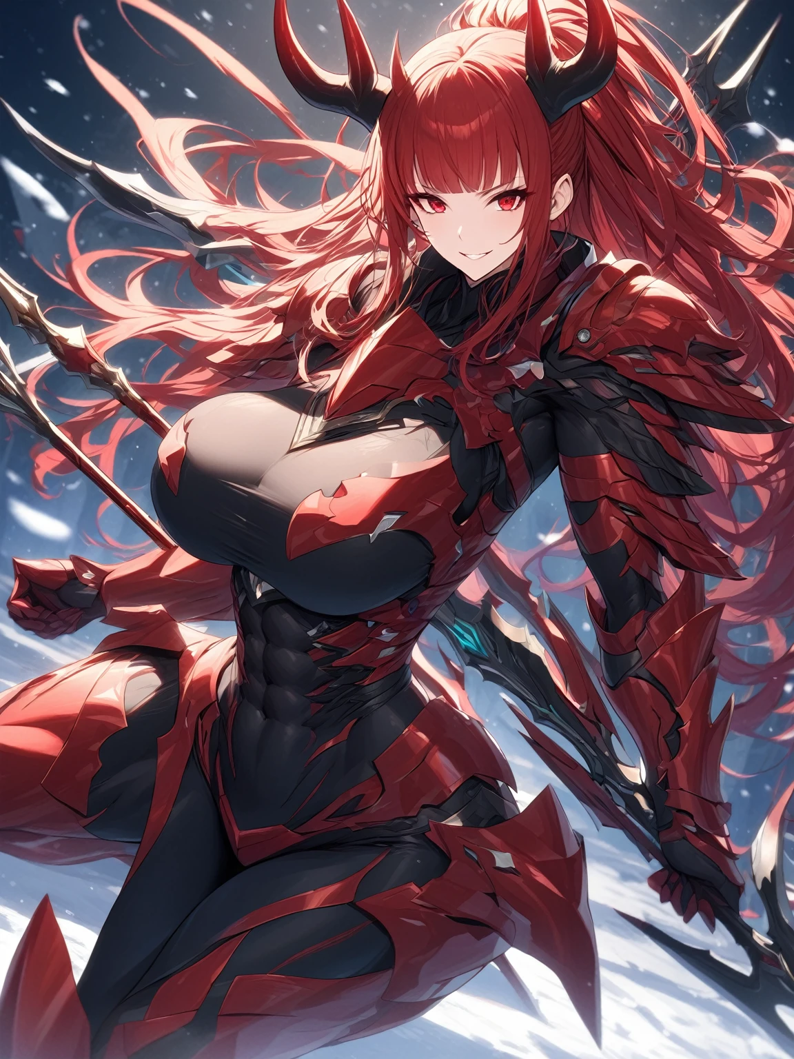 Masterpiece, very detailed, ultra detailed, one, (1 woman), athletic and embossed body, six pack abs, she is in futuristic red armor with bright black details, with a large and detailed spear, in a stable and fighting position, super mature, tall, mom, mature mother, long hair, straight hair and straight bangs, bright red hair, red demonic horns, beautiful, charming, blood red eyes, elegant, big breasts(huge), easy smile, charming, against the background of snow, ice and winter.