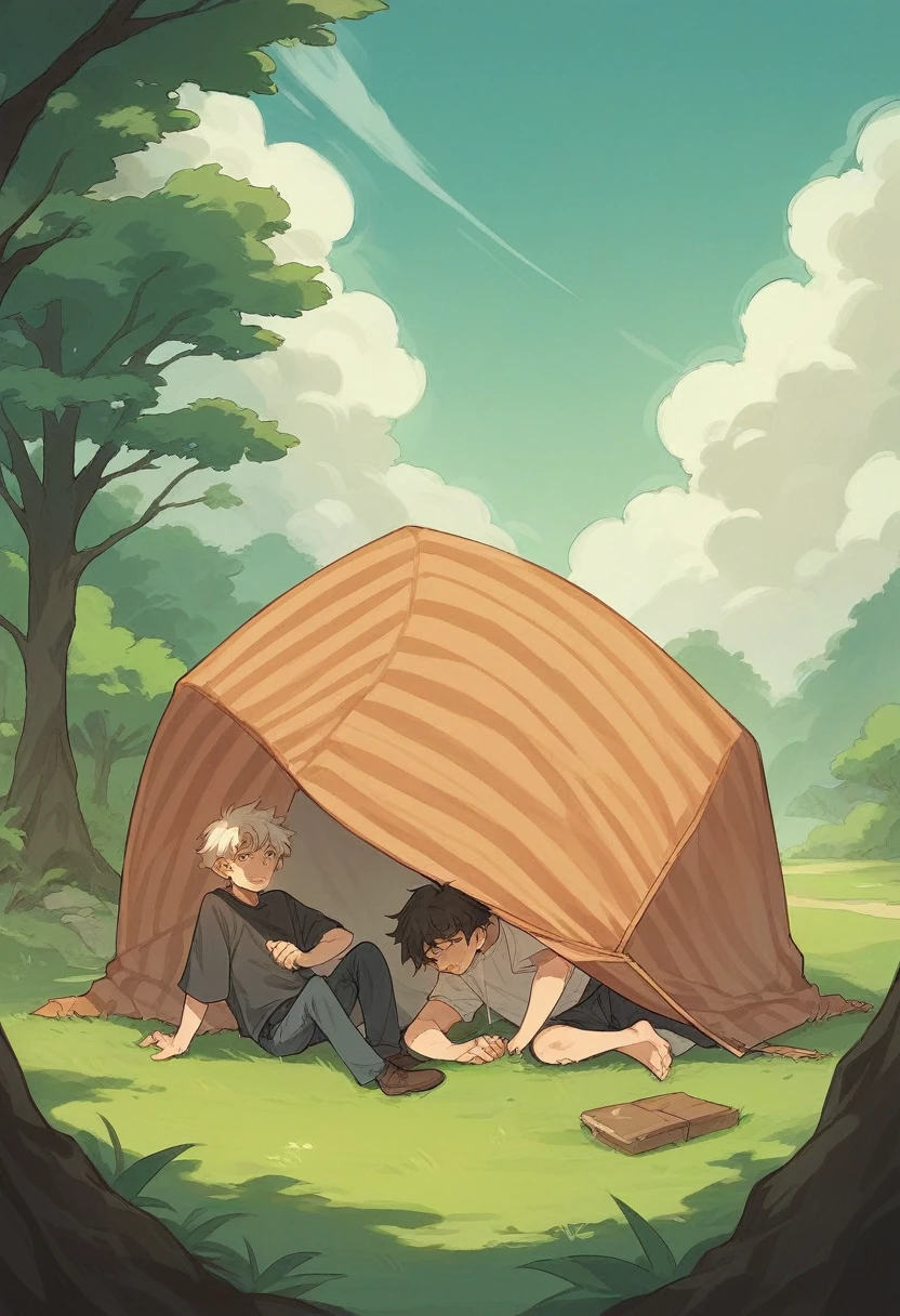 This image has to be anime. 2 boys, 2 young warriors, one of them is lying on a grass field. The boy is half naked, wearing only underwear, with a green slime boy sitting on top of him on top of his underwear. The young knight has his arms and legs trapped by the slime. The second boy is standing and kissing a pink slime boy Where are they, there is a camping tent. There is a trunk. There is a backpack with the boy's sword. They are also in a beautiful forest at night. There is a lake with ducks swimming and a campfire near the tent. The image has to be more +18