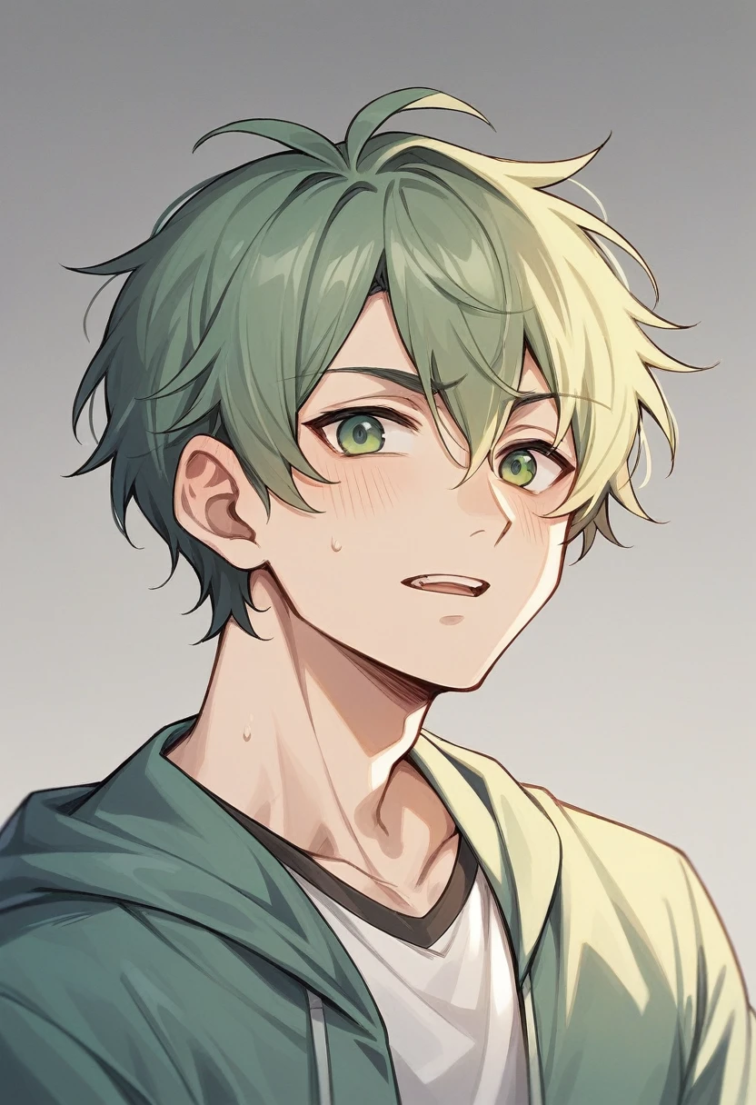 A boy with light skin and average height. His hair is short black on the sides and back, with slightly longer hair on top that is textured. The top part of the hair is cut in a way that creates a natural, tousled textured look. His left eye is light green and his right eye is dark blue.