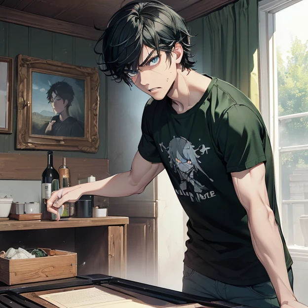 (master piece, best high quality image, very good detailed image, very good detailed character, very good detailed background, very detailed textures, carefully detailed and textures, character alone)
{{((1:character: 23 years old black hair boy, (pale skin, blue eyes, black shaggy hair, angry face, aggresive doninant demeanor), (green t-shirt), (cuicine room))}}